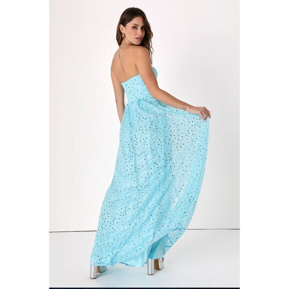 NWT Lulus Radiant Reflection Light Blue Sequin Tulle Strapless Maxi Dress Blue L - Picture 3 of 13